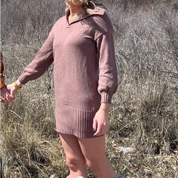 BTFBM Women Casual V Neck Knit Mini Fall Sweater Dress - Picture 3 of 3